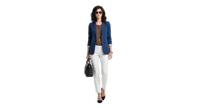 Confident woman in blue blazer and white pants radiating stylish professionalism ready for business meetings now