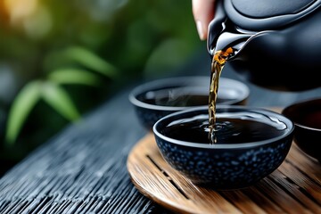 Traditional tea ceremony with dark teapot pouring aromatic brew into blue ceramic cup on wooden tray against blurred green foliage background.
