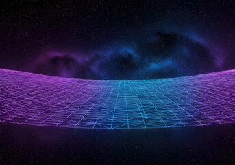 Abstract glowing blue and purple wireframe grid overlaying deep space cosmic dust and stars, suitable for futuristic interfaces and presentations ,dark ,illustration ,grid