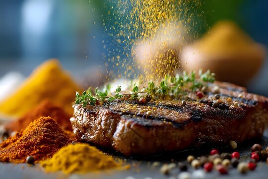 Juicy grilled steak with herbs and spices, seasoning falling in motion, served with french fries and colorful spice powders on dark surface. - Powered by Adobe