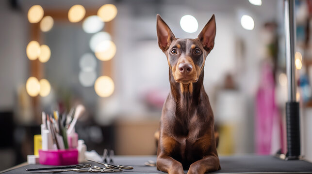 Doberman pinscher stands on a grooming table in a pet grooming salon. Grooming tools lie on the table and the dog looks alert.