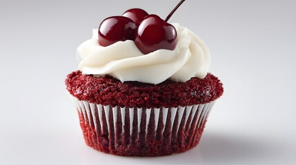 Delicious Red Velvet Cupcake with Cream Cheese Frosting and Fresh Cherries.