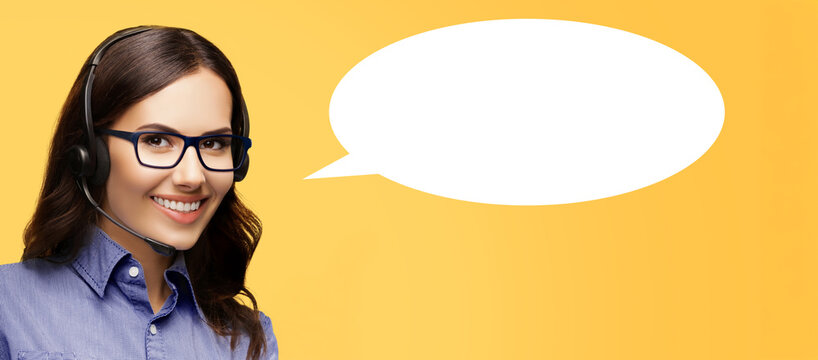 Representative call center. Businesswoman callcenter support phone operator in headset, glasses, isolated yellow background with white empty mockup speech bubble. Customer service help. Banner image