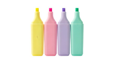 Four colorful highlighters standing upright in a row office or school supplies isolated on transparent background