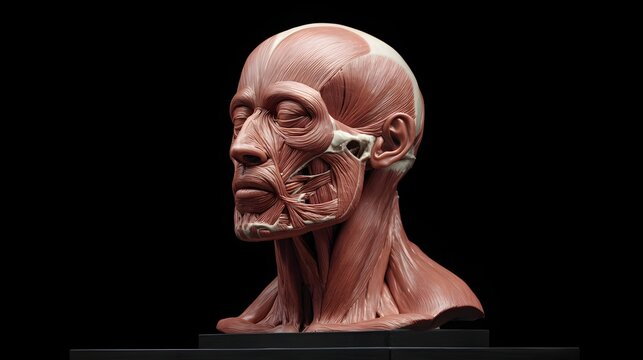 Detailed Anatomical Model of Human Head and Neck Muscles on Black Background.