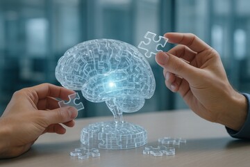 Brain Puzzle: A close-up shot of hands carefully connecting the pieces of a glowing brain puzzle. This image emphasizes cognitive function, intellect, and the pursuit of knowledge.