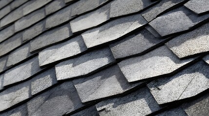 Detailed close up of weathered grey slate roof tiles creating a textured pattern.