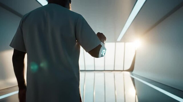 Young Healthcare Professional Walking Through Modern Hospital Corridor Wearing Smartwatch