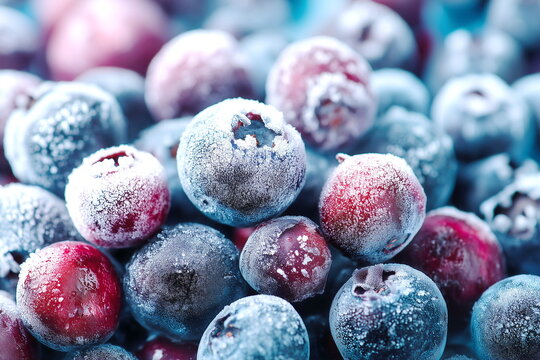 Frozen blueberry background. Advertisement for frozen berries and fruits.