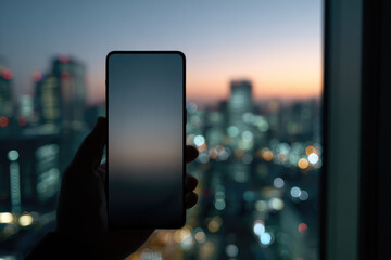 Hand holding smartphone with blank screen in front of window overlooking cityscape at dusk, blurred lights create calm and modern urban atmosphere