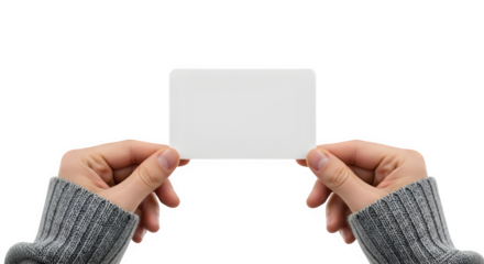 Woman s hands holding a blank square card mockup for message isolated on transparent background