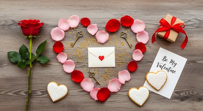 Romantic Valentine's Day flat lay with a heart of rose petals, a love letter, a single red rose, and sweet cookie treats on a wooden table - Powered by Adobe
