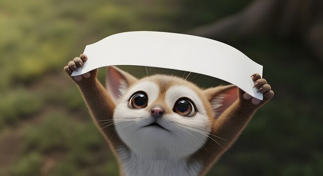 Adorable Cartoon Animal Holding Blank Curved White Scroll Above Head