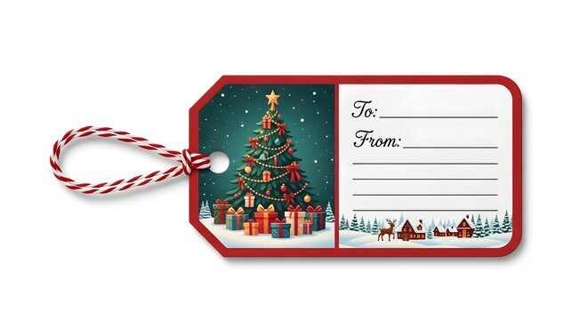Christmas gift tag with festive decorations, ready for personalized messages. A seasonal greeting card for the winter holiday season
