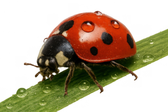Ladybug walking a green leaf with water drops isolated on transparent background, macro view in natural light