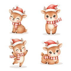 Cute Christmas Reindeer Clipart Set – Watercolor Baby Deer with Santa Hat and Scarf, Winter Holiday Characters