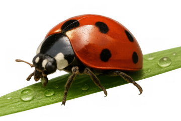 Ladybug with red shell and black spots crawling on green leaf with water drops, isolated on transparent background