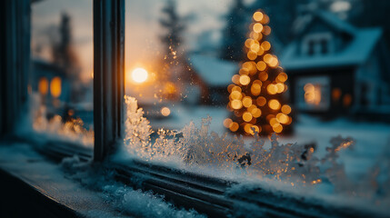 A snowy window view of a christmas tree and house at sunset in winter time