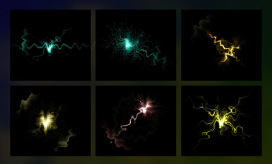 Six abstract glowing energy bursts in different colors on a dark background
