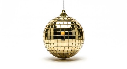 Fototapeta premium A golden disco ball illuminated and suspended, showcasing its reflective surface 