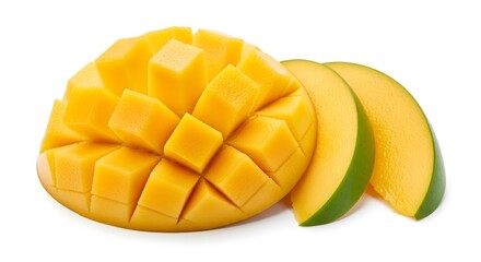 Freshly sliced mango showcasing vibrant colors, ready to be enjoyed. The delicious fruit offers a tantalizing preview of its juicy interior