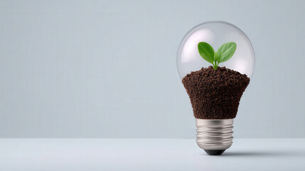 Young green seedling sprout in soil inside transparent light bulb symbolizing sustainable energy and eco innovation