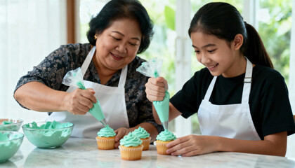Happy Asian grandmother teaching her granddaughter how to decorate cupcakes. Family bonding while baking with green frosting in a home kitchen