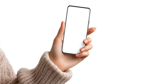 Close up of a woman s hand holding a modern smartphone with a blank white screen ready for content creation or interaction against a clean white background