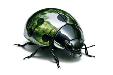 Robotic ladybug reflecting green nature, futuristic chrome insect representing technology and the environment