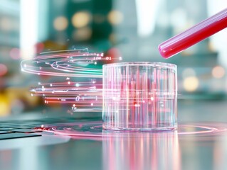 A close-up, shallow depth of field shot shows a test tube filled with red liquid hovering above a clear cylindrical container. Light streaks and binary code ema