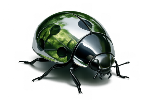 Robotic ladybug reflecting green nature, futuristic chrome insect representing technology and the environment