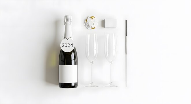 A festive arrangement of champagne bottle, glasses, and party decorations
