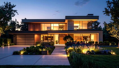 Modern Luxury Home Exterior at Twilight.