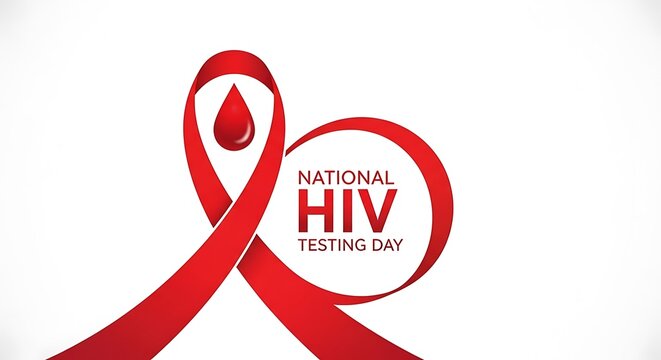 National hiv testing day red ribbon with a blood drop, symbolizing awareness, health, and prevention, isolated on white background