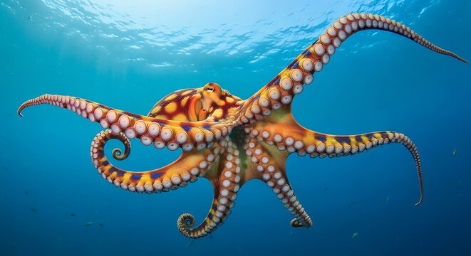 Red octopus underwater with starfish in ocean and aquarium setting