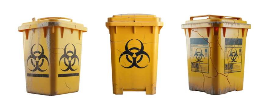 Big used plastic waste containers, with dust, cracks and biohazard symbols, isolated on transparent background