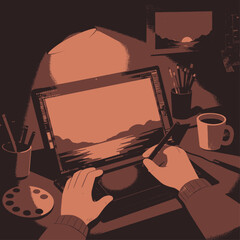 Digital artist drawing a sunset landscape on a graphics tablet at a cozy desk.