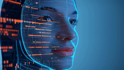 A digital representation of a woman's face with data overlay. - Powered by Adobe
