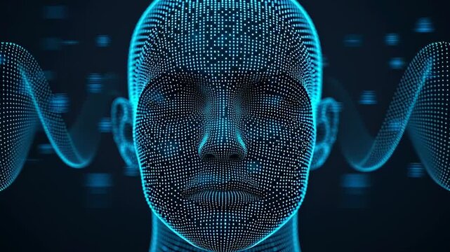 A digital representation of a human face with a wireframe design.