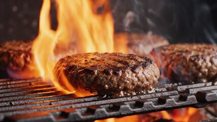 Sizzling hamburger patties cooking on a hot barbecue grill with vibrant orange flames licking up, creating delicious grill marks and a smoky aroma animated 4k video
