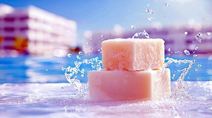 Two rectangular bars of soap, one stacked on top of the other, are submerged in water with splashes and droplets. In the background, out-of-focus buildings and