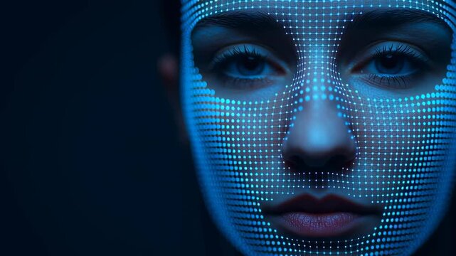 Close-up of a face with digital pixelation effect in blue tones.