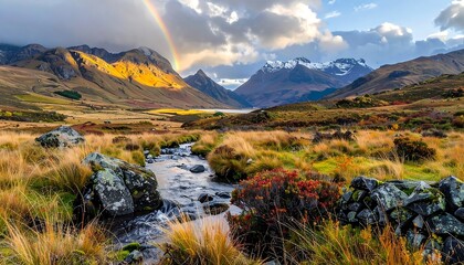 Stunning Mountain Landscape with Stream and Golden Light.