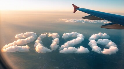 Fototapeta premium Airplane wing flying above cloud formation 2026