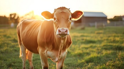 Tranquil Rural Landscape Featuring a Calm Red Devon Cow by a Barn in Lush Green Pastures at Dawn