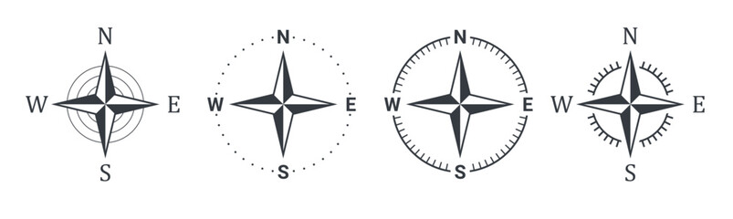 Compass icons. Navigation equipment sign. Compass direction sign. Wind rose icon. Vector illustration