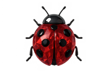 Ladybug jewel figurine with faceted red crystal body and black spots, representing luck and nature, transparent background