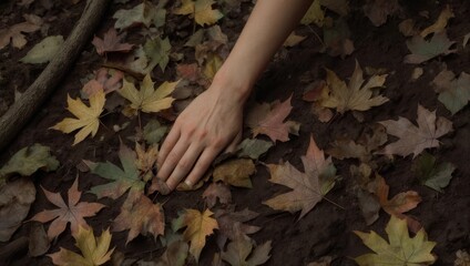 Hand touching fallen autumn leaves on the forest floor.