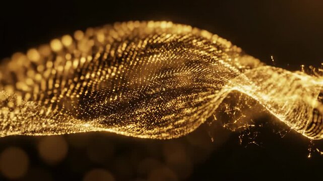 Abstract golden wave of particles and connected nodes against a dark background