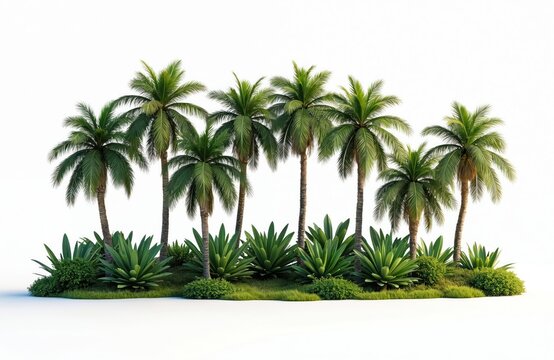 Palm trees with green bushes isolated on white. Tall exotic palms under bright sunlight. Trees decorate summer vacation landscape. Plants evoke tropical mood, nature background element for travel ads.